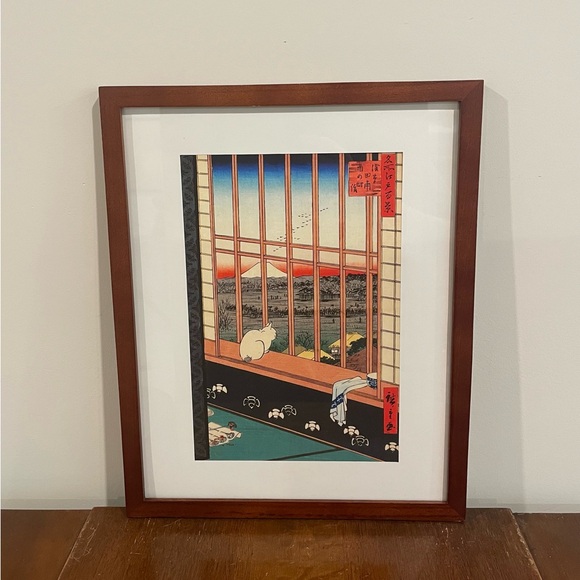 Ukiyoe Cat Japanese Art Print 12x16 Hiroshige Asakusa Rice Fields Brown Frame - Picture 1 of 3